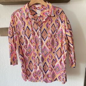 Chico’s| Boho Linen Long Sleeve Blouse, No-Iron Fabric—Size 2•••Lagenlook